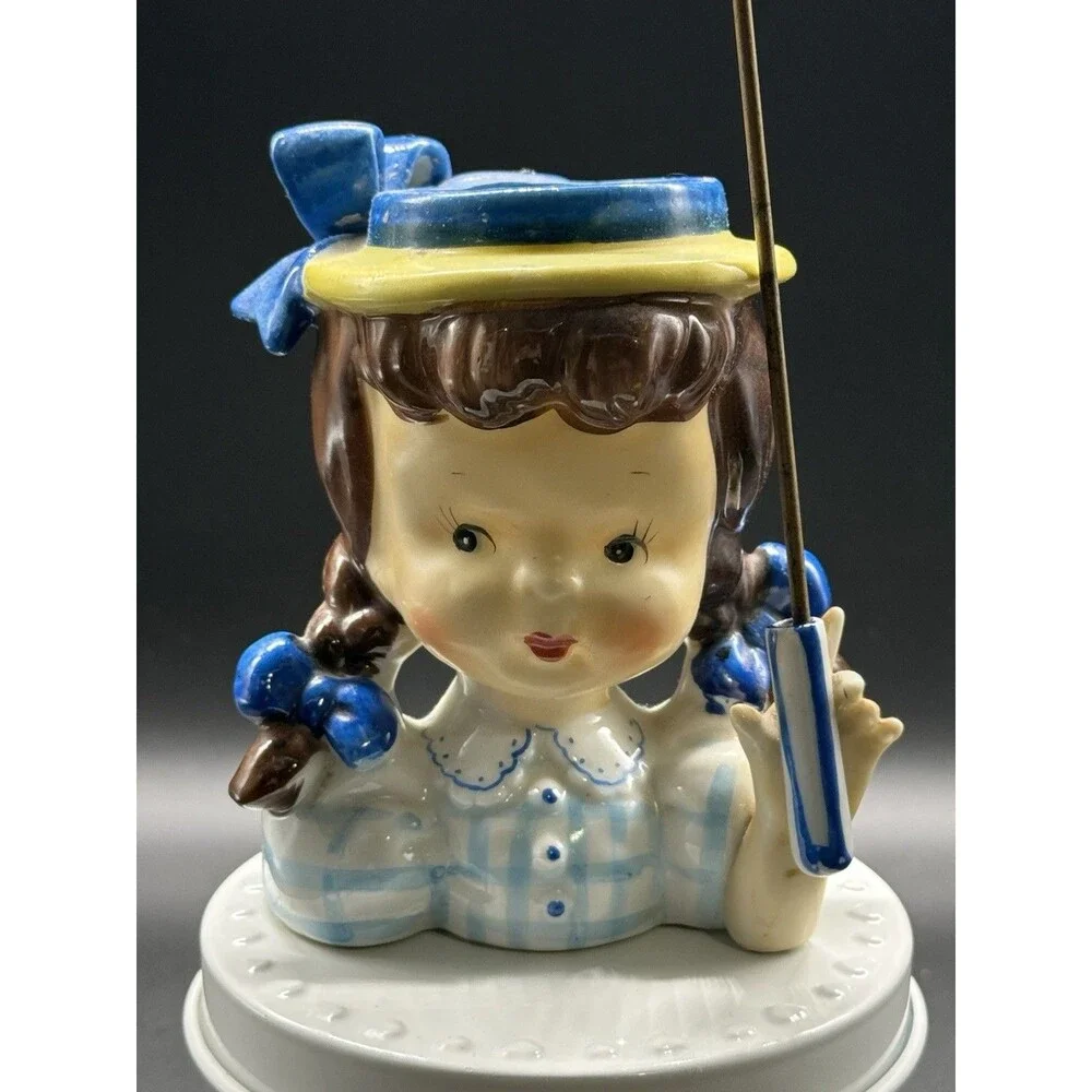 Vintage Napco 1950s Ceramic Girl Head Planter with Pigtails and Umbrella JAPAN